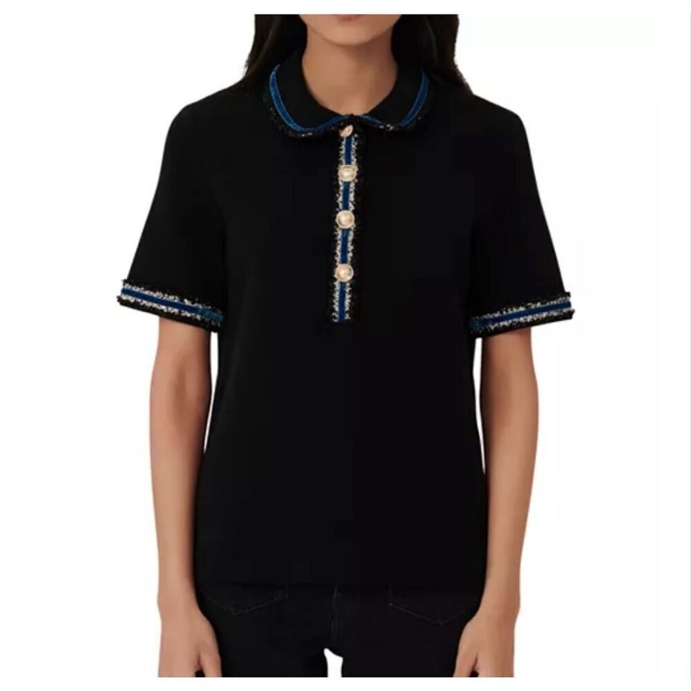 Maje Mexicana Polo Metallic Trim Sweater Black Size 1 (Small)